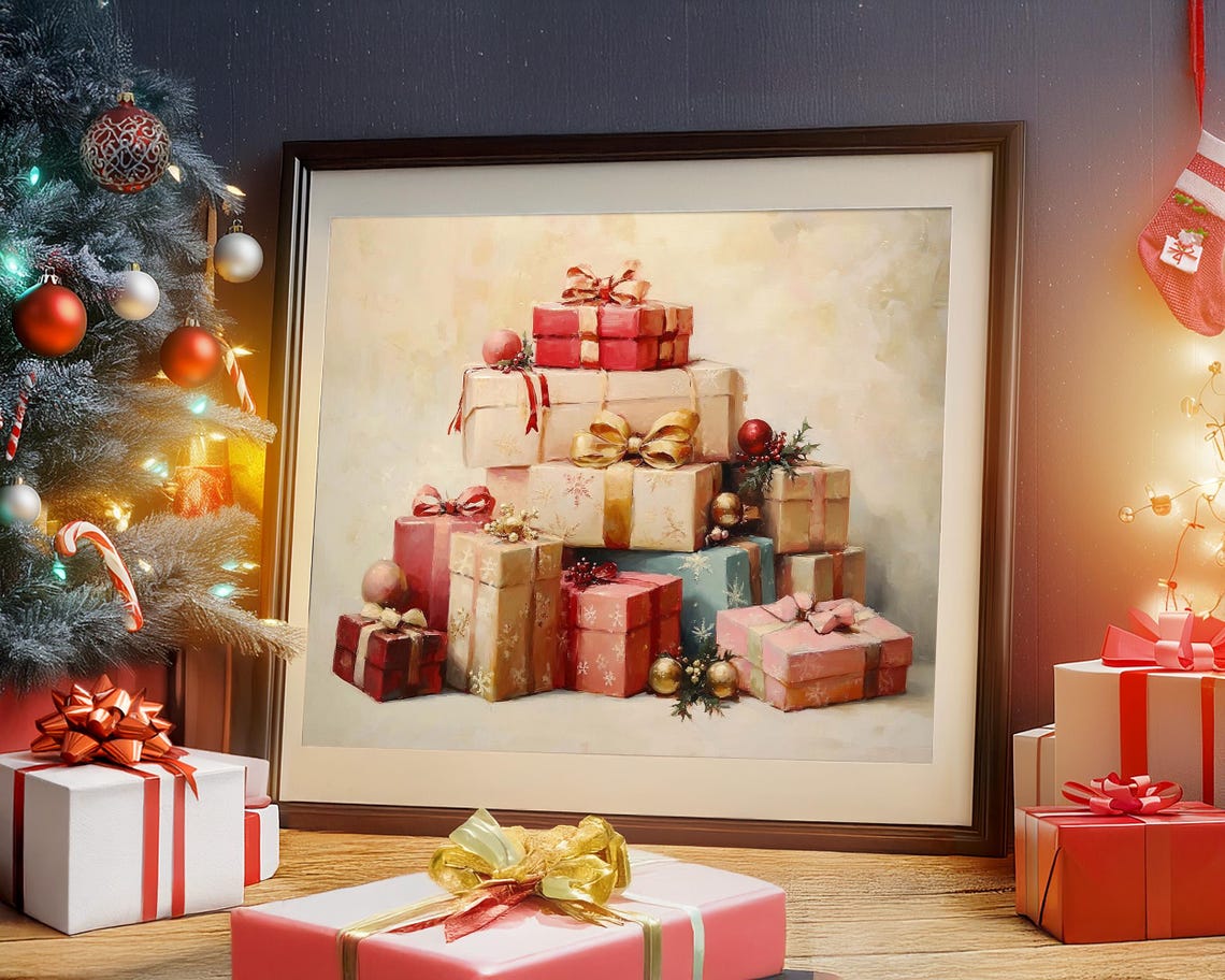 Elegant Pink and Gold Christmas Gift Stack with Bows Art Poster - Image 5