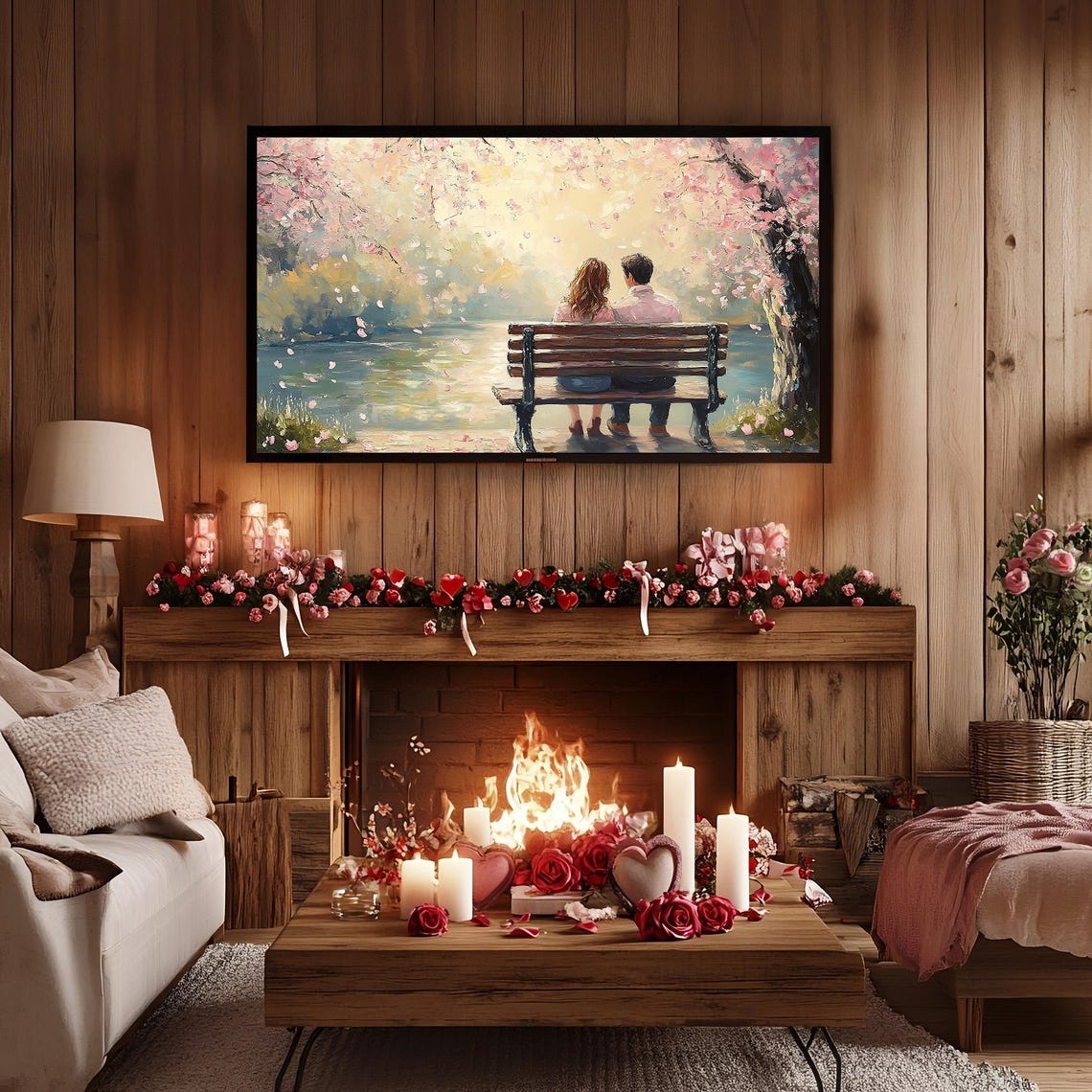 Couple Bench Cherry Blossom River Romantic Painting Decor Poster - Image 2