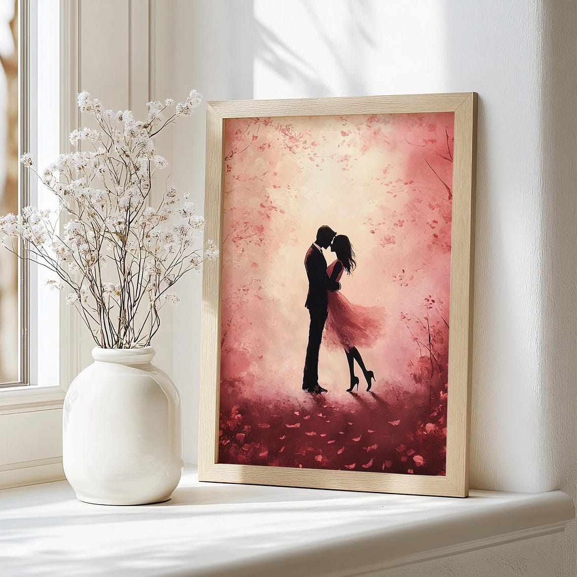 Romantic Couple Silhouette Embracing Under Pink Blossoms Poster - Image 3