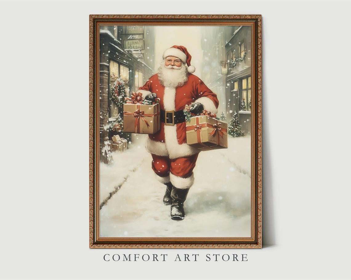 Santa Claus Delivering Presents on Snowy Main Street Wall Art - Image 3