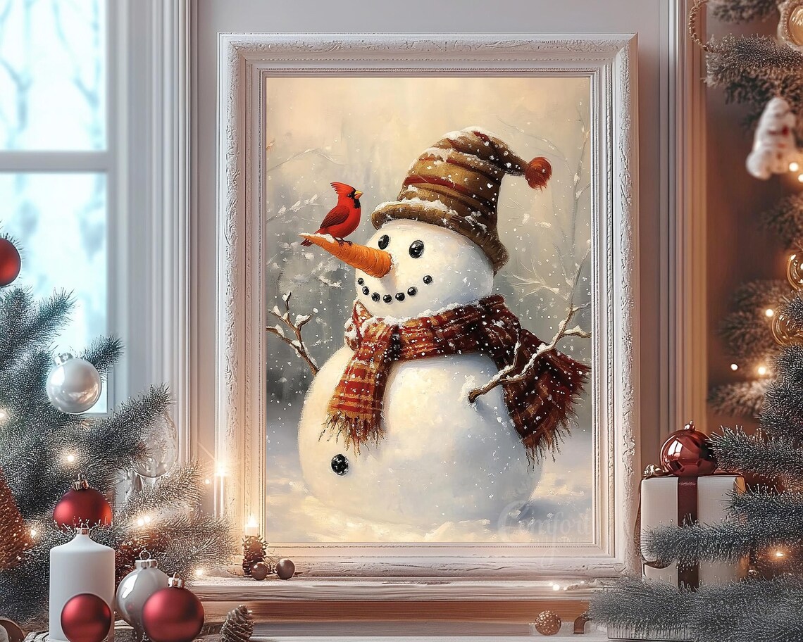 Vintage Christmas Wall Art Snowman Print Carrot Nose Red Cardinal Holiday Winter Decor Neutral Christmas Oil Painting Antique Snowman Print - Image 8