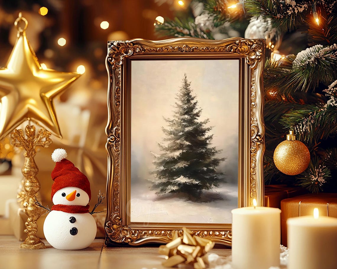 Single Snowy Pine Tree Muted Watercolor Serene Winter Landscape Poster - Image 6