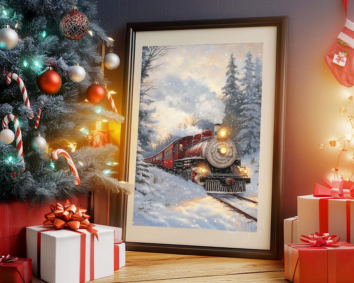 Red Locomotive with Glowing Headlamp in Snowy Pines Wall Art - Image 5