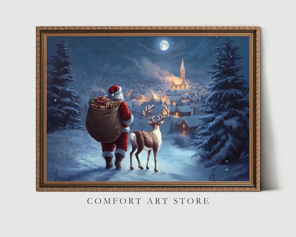 Magical Santa Claus with Reindeer Walking to Snowy Village Poster - Image 8