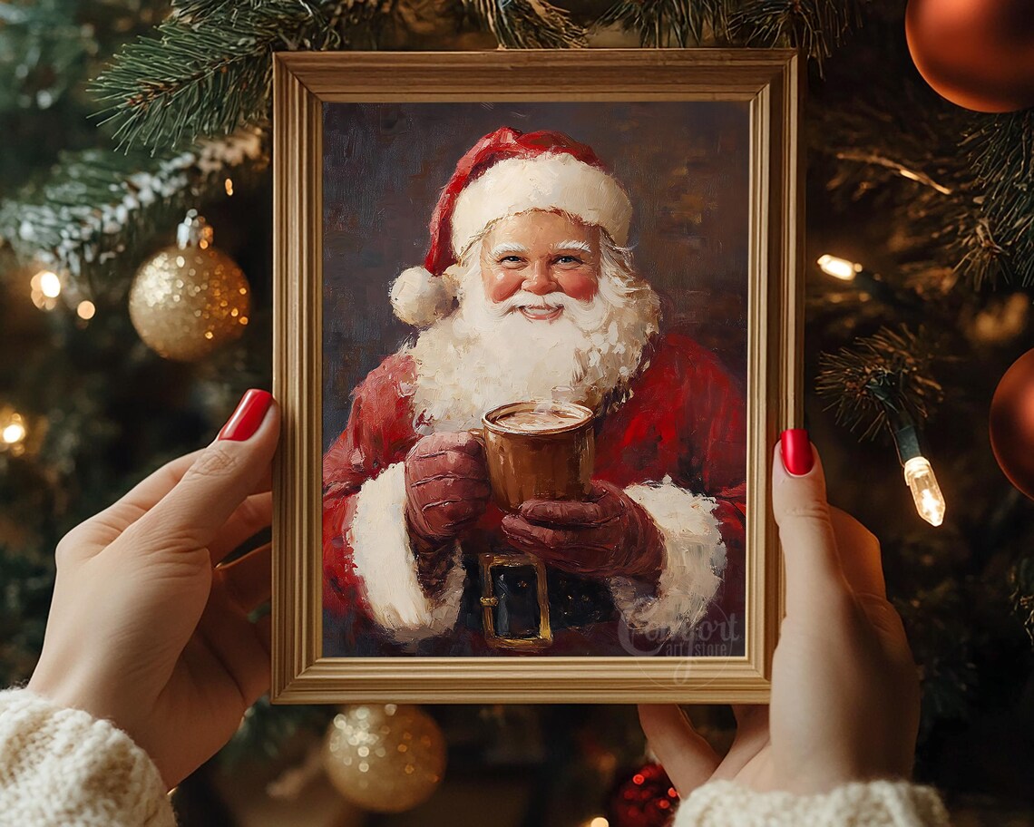 Santa Claus Holding Hot Cocoa Vintage Oil Painting Cozy Holiday Poster - Image 5
