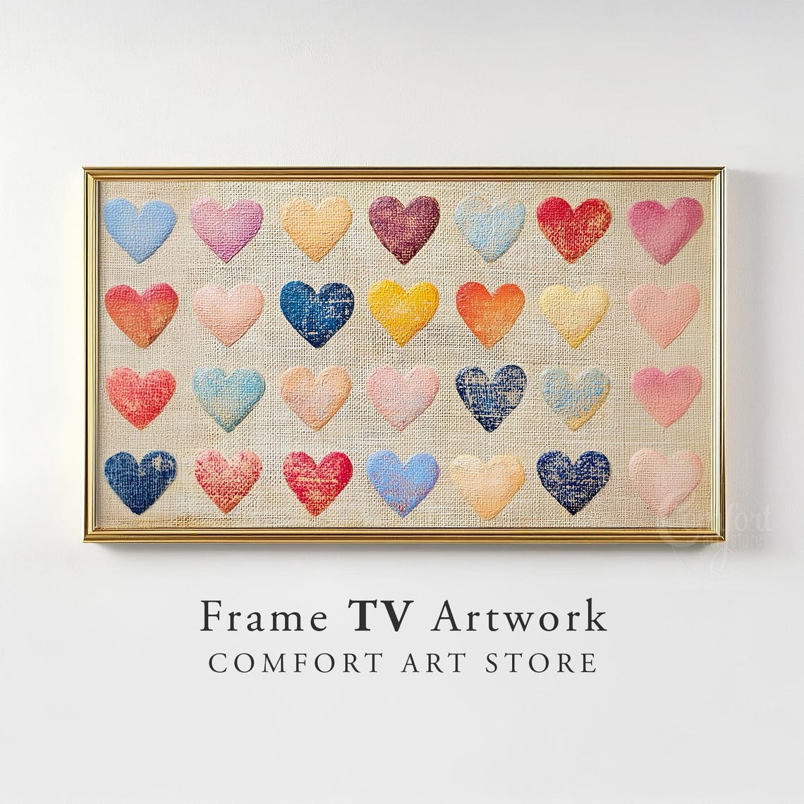 Colorful Fabric Hearts Grid Rustic Linen Frame TV Art Valentine Poster - Image 2