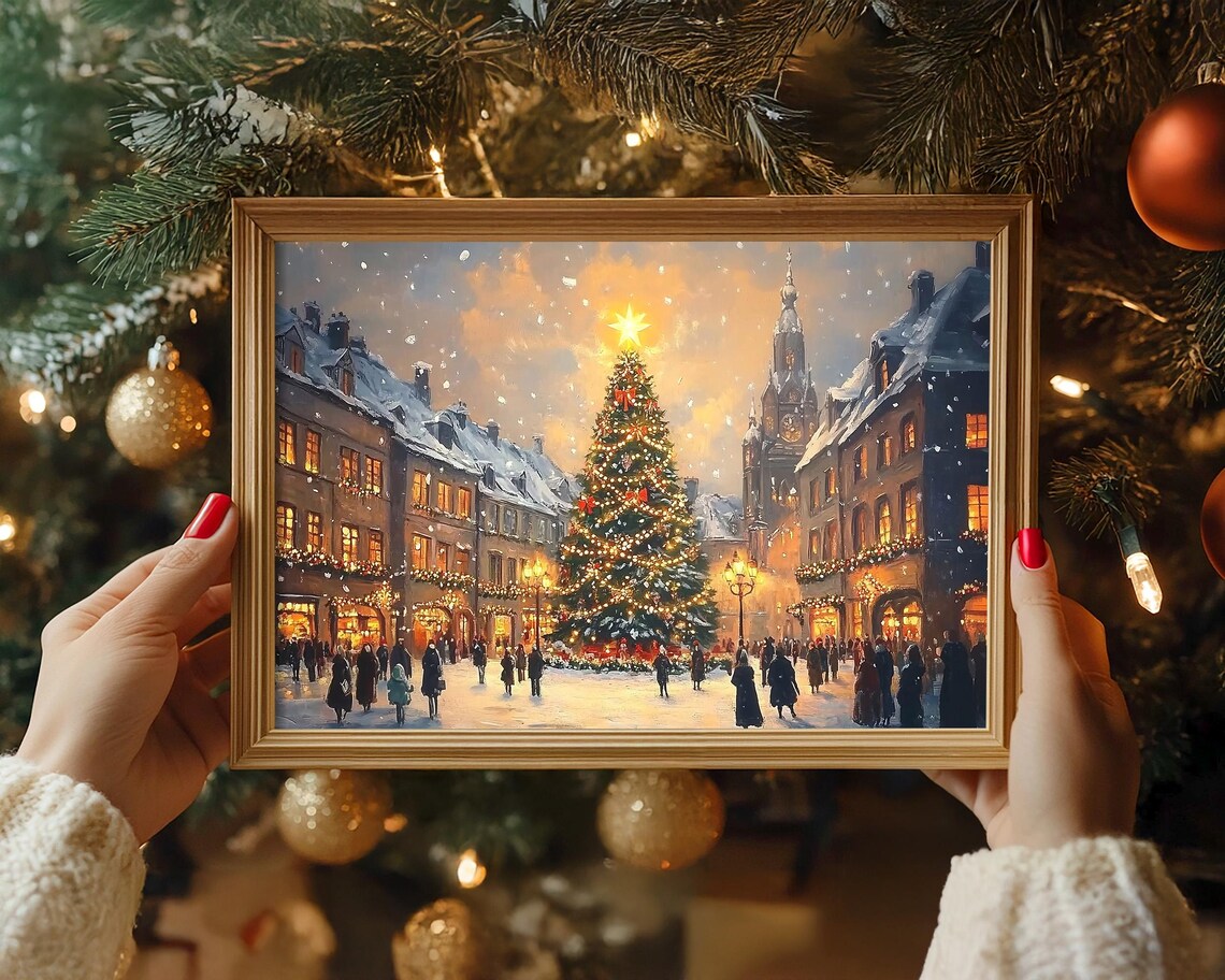 European Christmas Market Square with Lit Tree at Dusk Poster - Image 4