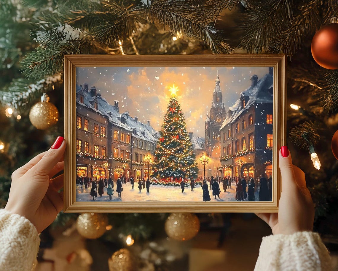 Vintage Christmas Town Print Christmas Wall Art Winter Holiday Antique Christmas Cityscape Painting Christmas Tree Wall Art Christmas Decor - Image 4