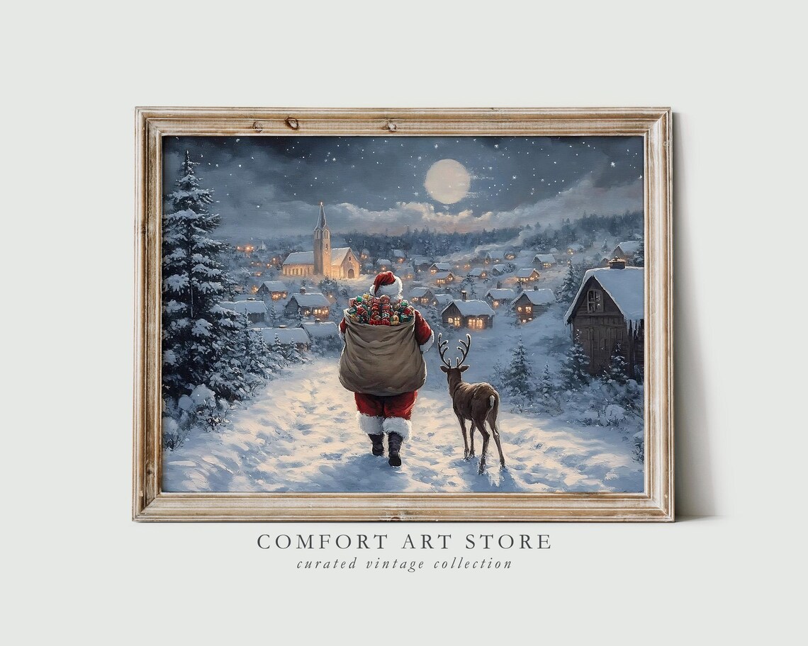 Christmas Wall Art Santa Claus Reindeer Print Dark Academia Winter Village Scene Snowy Holiday Decor Vintage Christmas Painting
