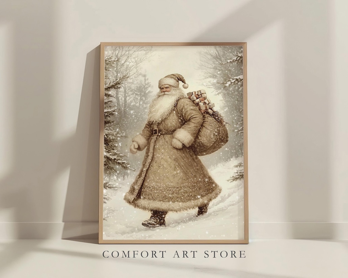 Santa Claus Walking Snowy Forest Gifts Sack Vintage Sepia Oil Poster - Image 5
