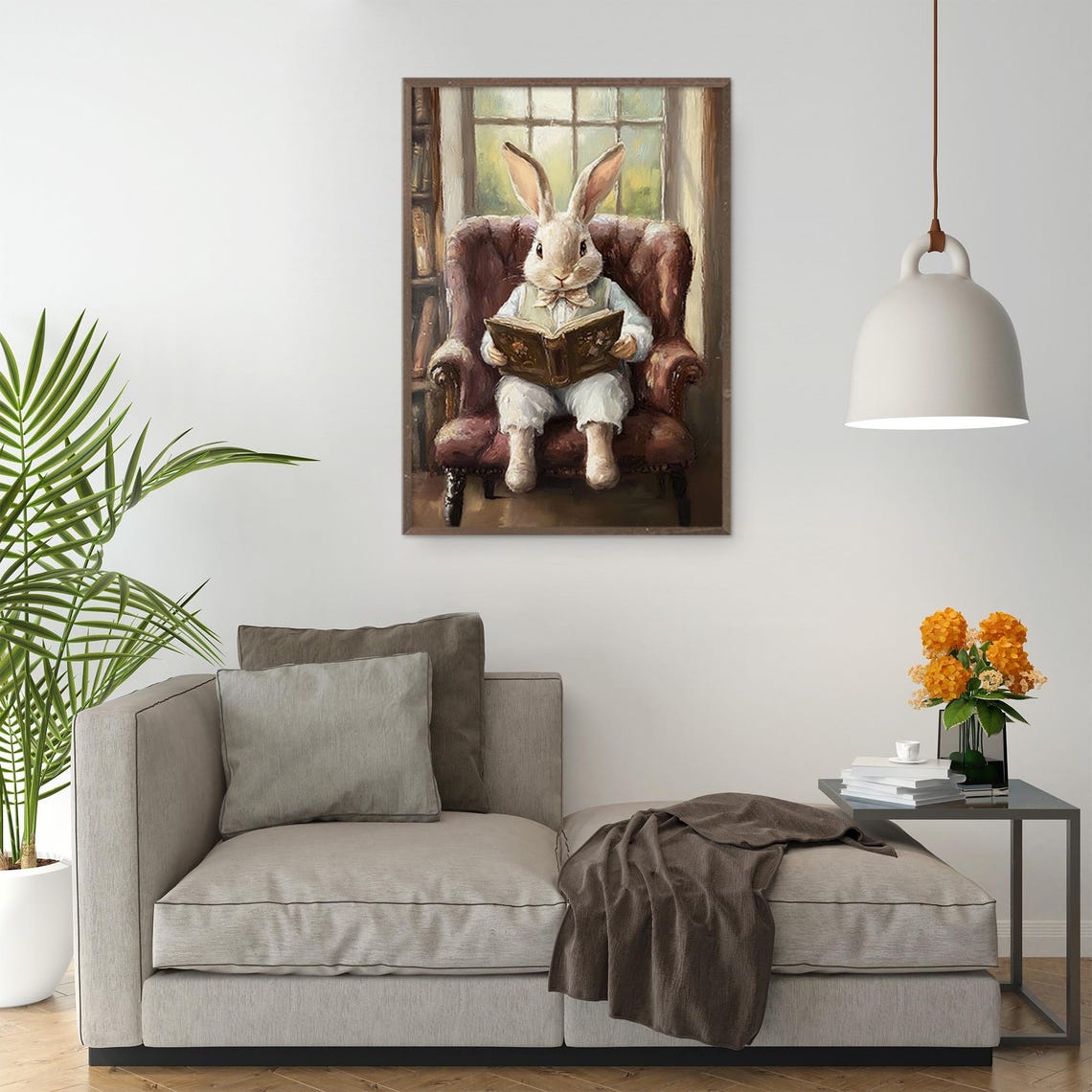 Easter Bunny Print Cute Easter Bunny Reading Book Easter Rabbit Easter Vintage Spring Cottagecore Easter Decor Farmhouse Wall Art