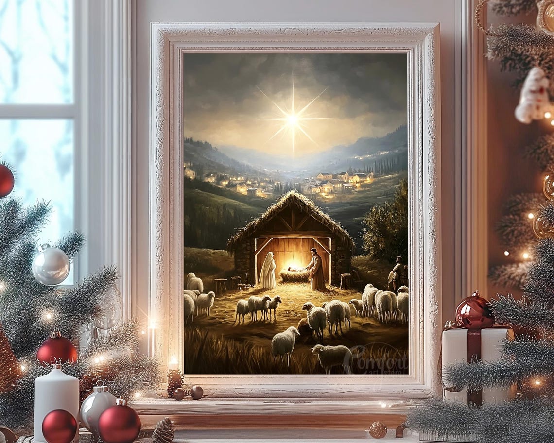 Nativity Scene with Shepherds Sheep and Bethlehem Star Poster - Image 7