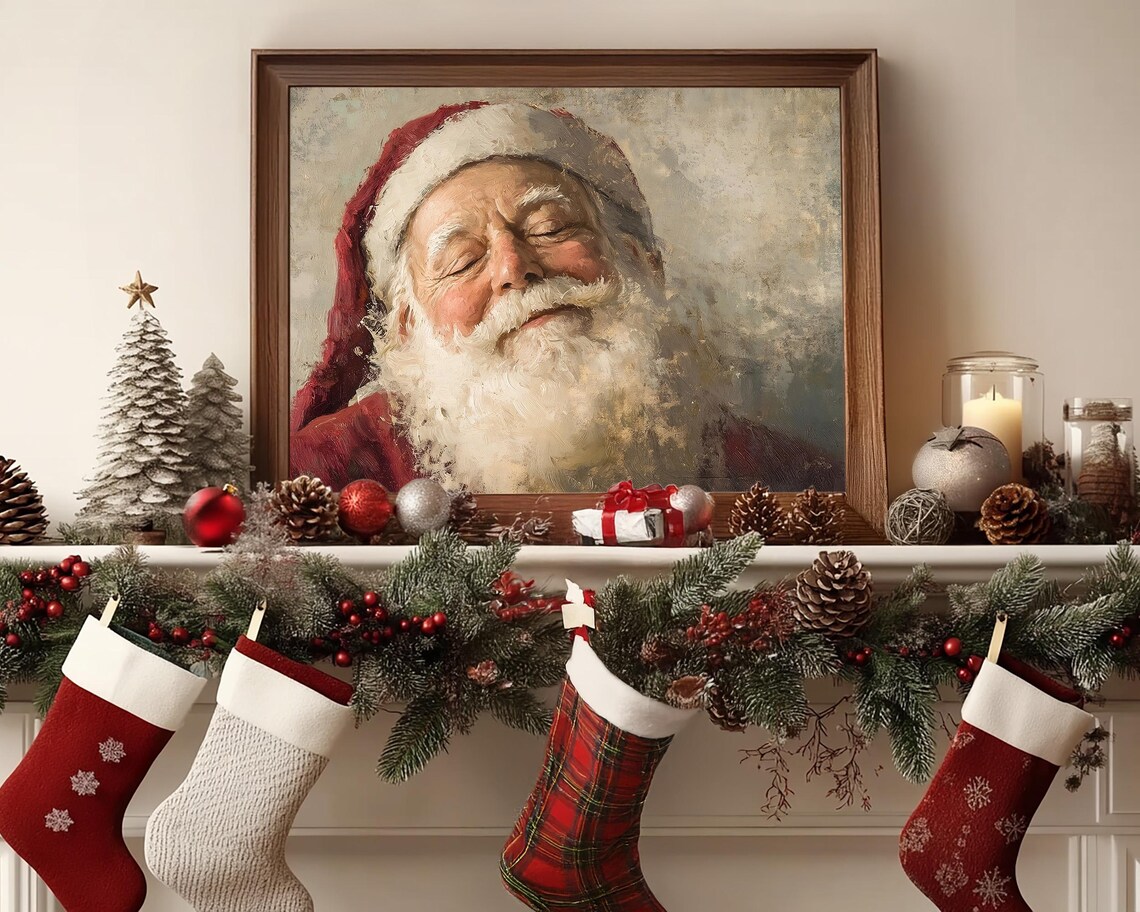 Antique Vintage Santa Claus Portrait Print Smiling Santa Claus Close Up Portrait Wall Art Christmas Scene Painting Neutral Print - Image 6
