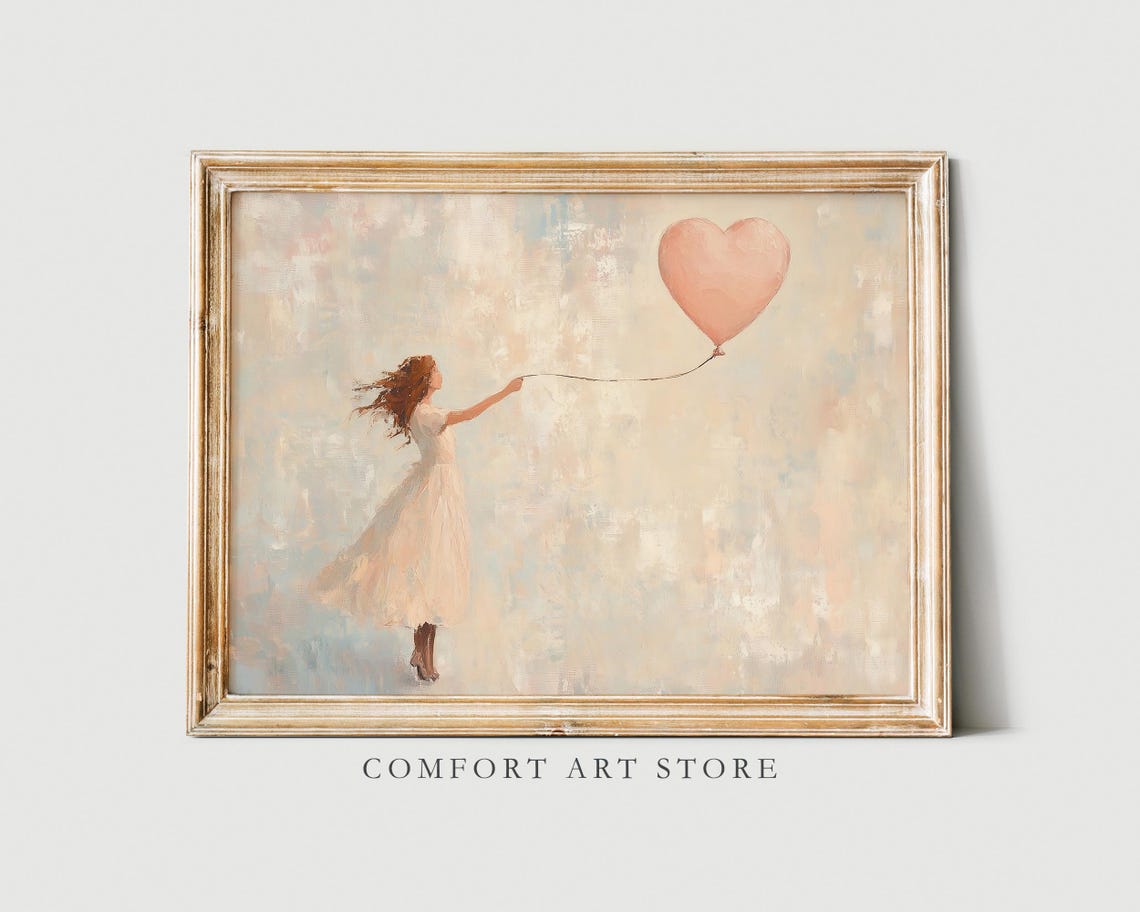 Girl With Heart Balloon Pastel Painting Romantic Valentine Wall Poster