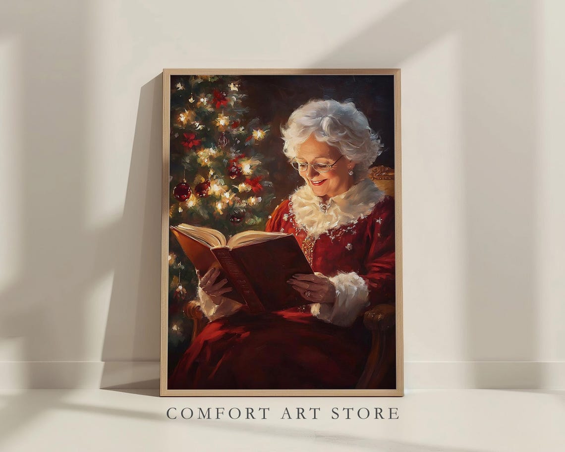 Mrs Claus Reading a Book by a Warmly Lit Christmas Tree Wall Art - Image 2