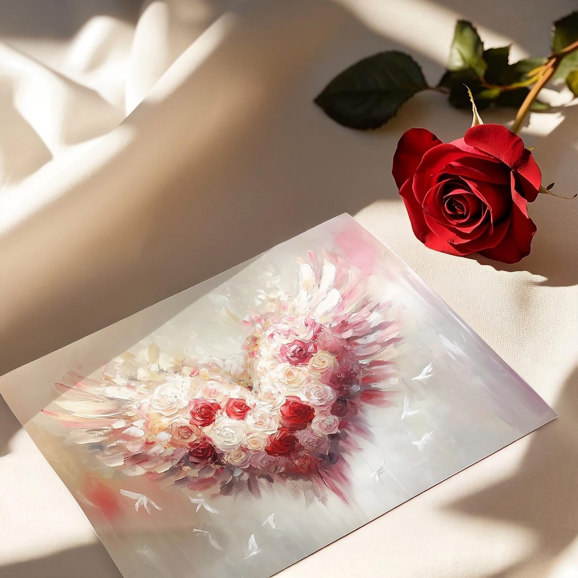 Valentines Rose Heart Angel Wings Floral Painting Romantic Wall Art - Image 2