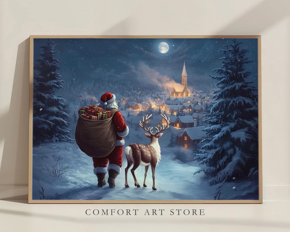Christmas Wall Art Santa Claus Reindeer Print Dark Academia Winter Village Scene Snowy Holiday Decor Vintage Christmas Painting - Image 6