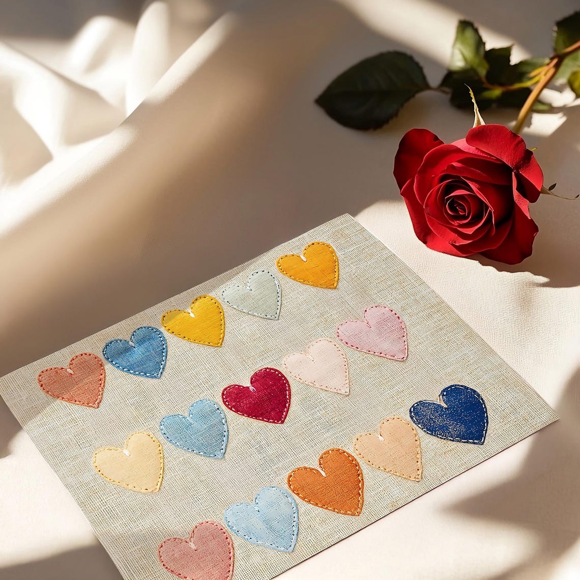 Valentines Embroidered Hearts Grid Linen Fabric Rustic Print Wall Art - Image 2