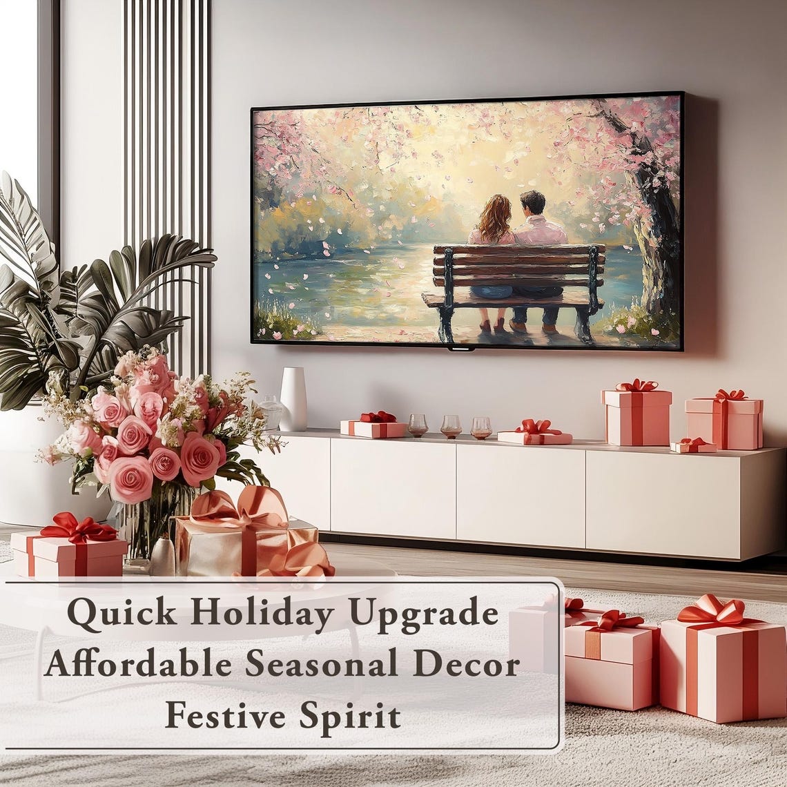 Couple Bench Cherry Blossom River Romantic Painting Decor Poster - Image 5