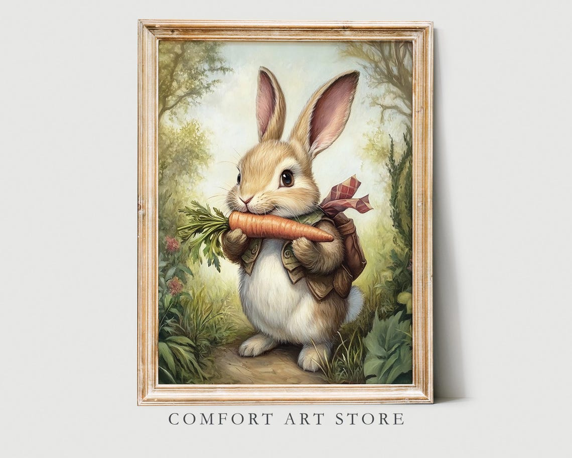 Easter Bunny Carrying Carrot Backpack Garden Vintage Nursery Wall Art