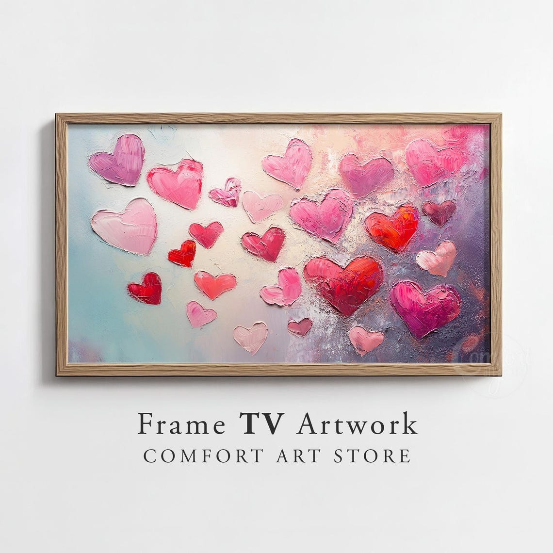 Scattered Pink Red Hearts Impasto Painting Valentines Decor Poster