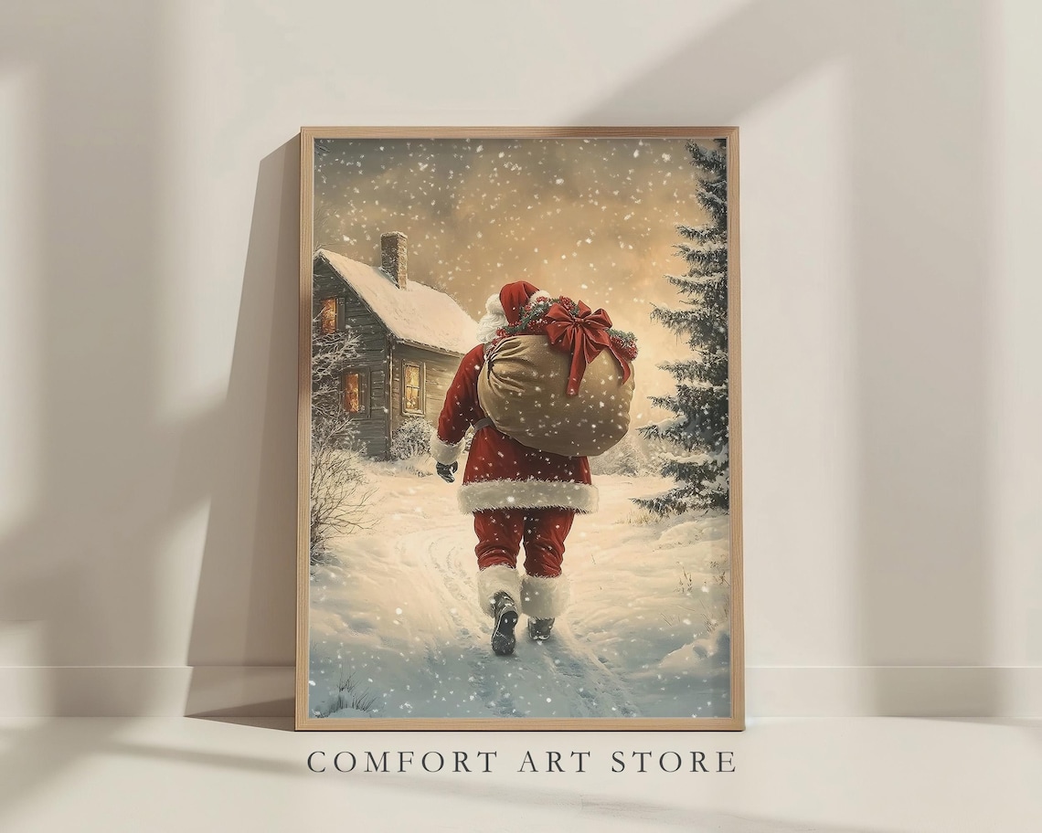Santa Claus with Tied Gift Sack Walking to Lit House Wall Art - Image 7
