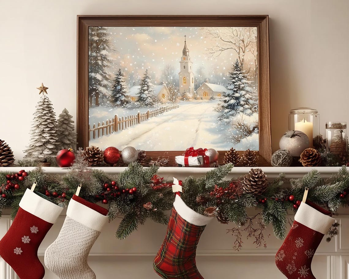 Antique Vintage Winter Print Snowy Village Wall Art Winter Scene Holiday Cottagecore Neutral Art Winter Landscape Church Painting - Image 8