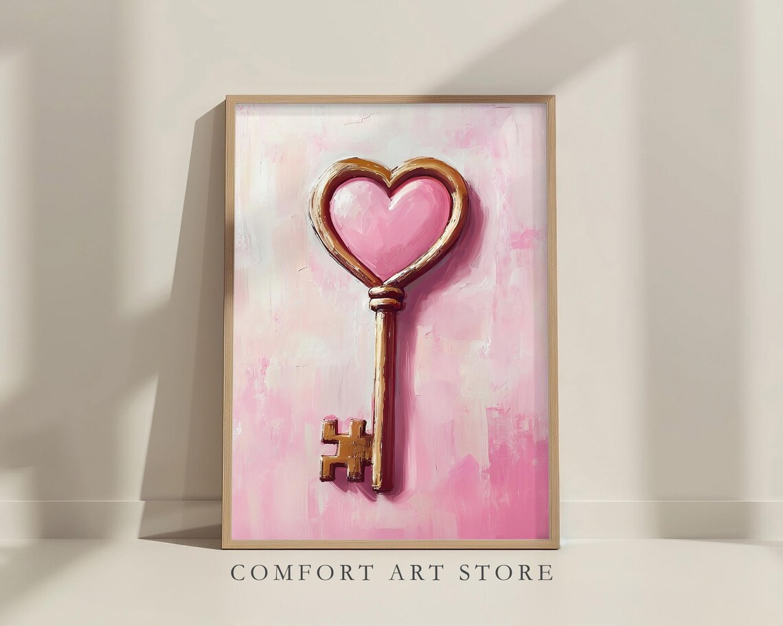 Antique Gold Heart Key Valentine Pink Romance Oil Painting Poster
