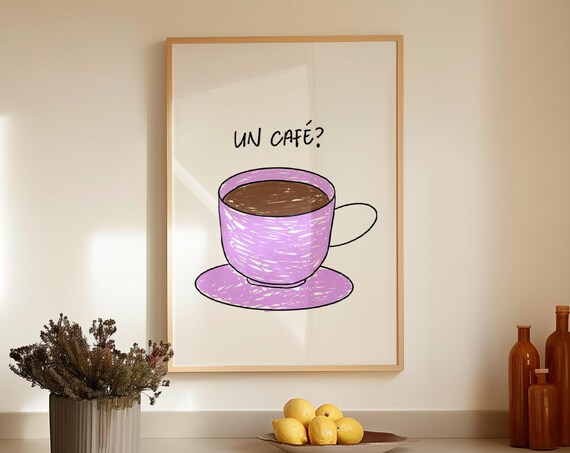 Un Cafe Hand Drawn Pink Coffee Cup Cute French Kitchen Art Poster