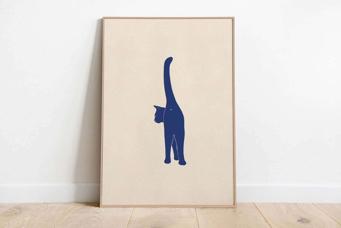 Navy Blue Cat Butt Minimalist Silhouette Wall Art for Cat Lovers