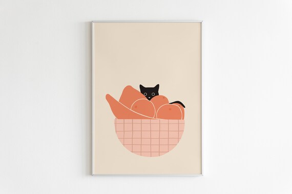 Cat Fruit Bowl Art Print, Cute Cat Illustration