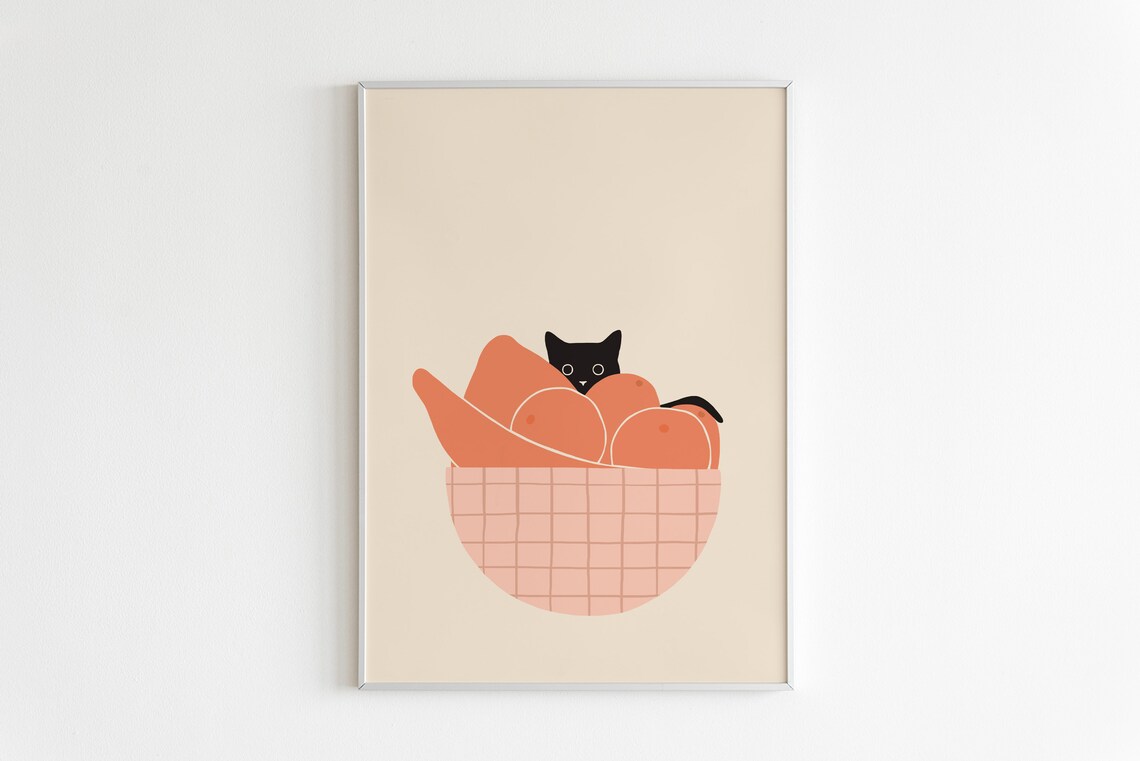 Cat Fruit Bowl Art Print, Cute Cat Illustration