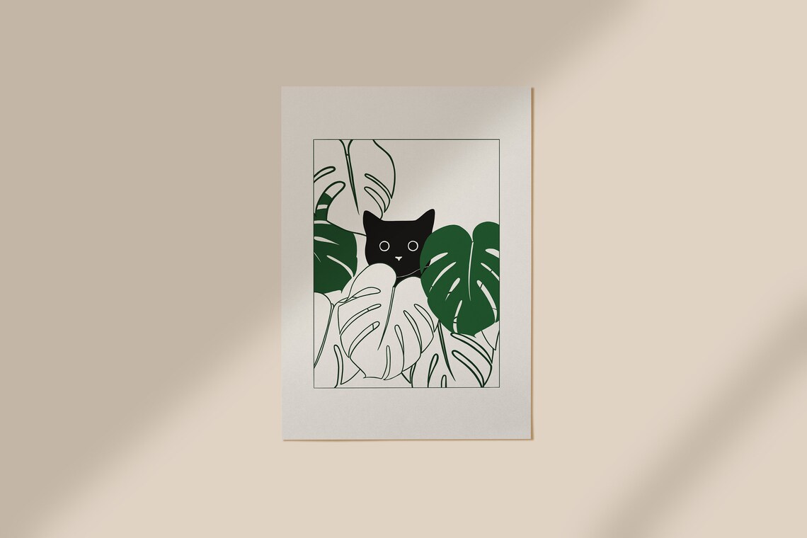 Black Cat With Monstera Art Print - Image 2