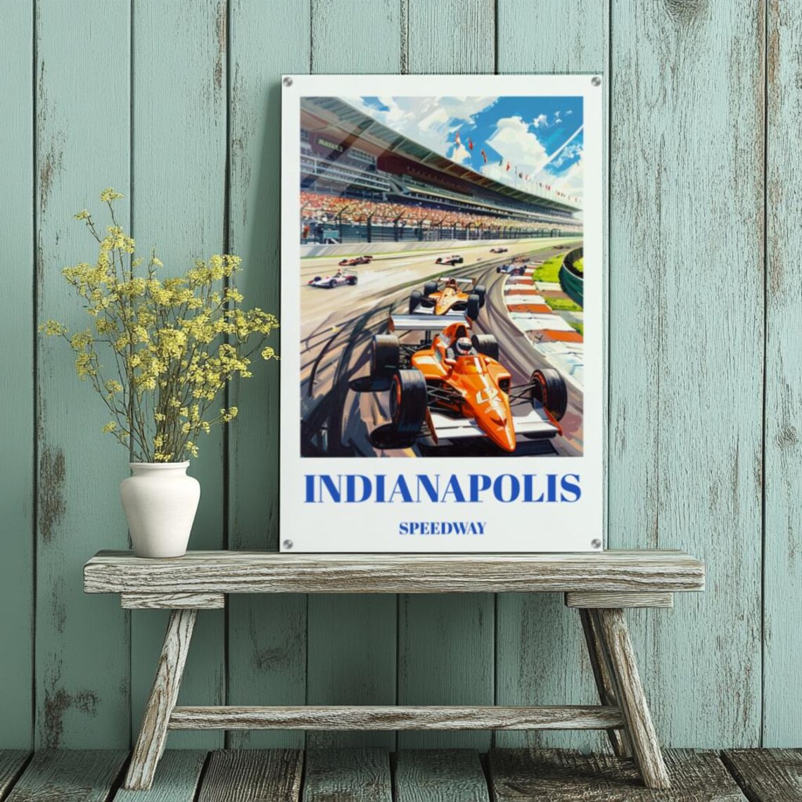 Indianapolis Speedway Indy 500 Race Cars Grandstand Vintage Racing Poster