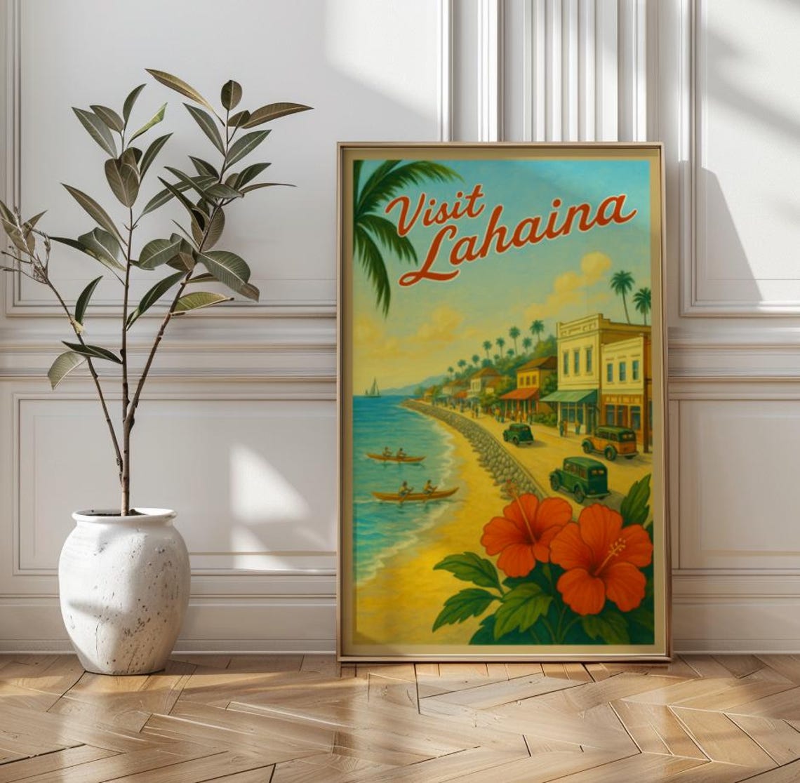 Visit Lahaina Maui Hawaii Retro Vintage Palm Beach Travel Poster