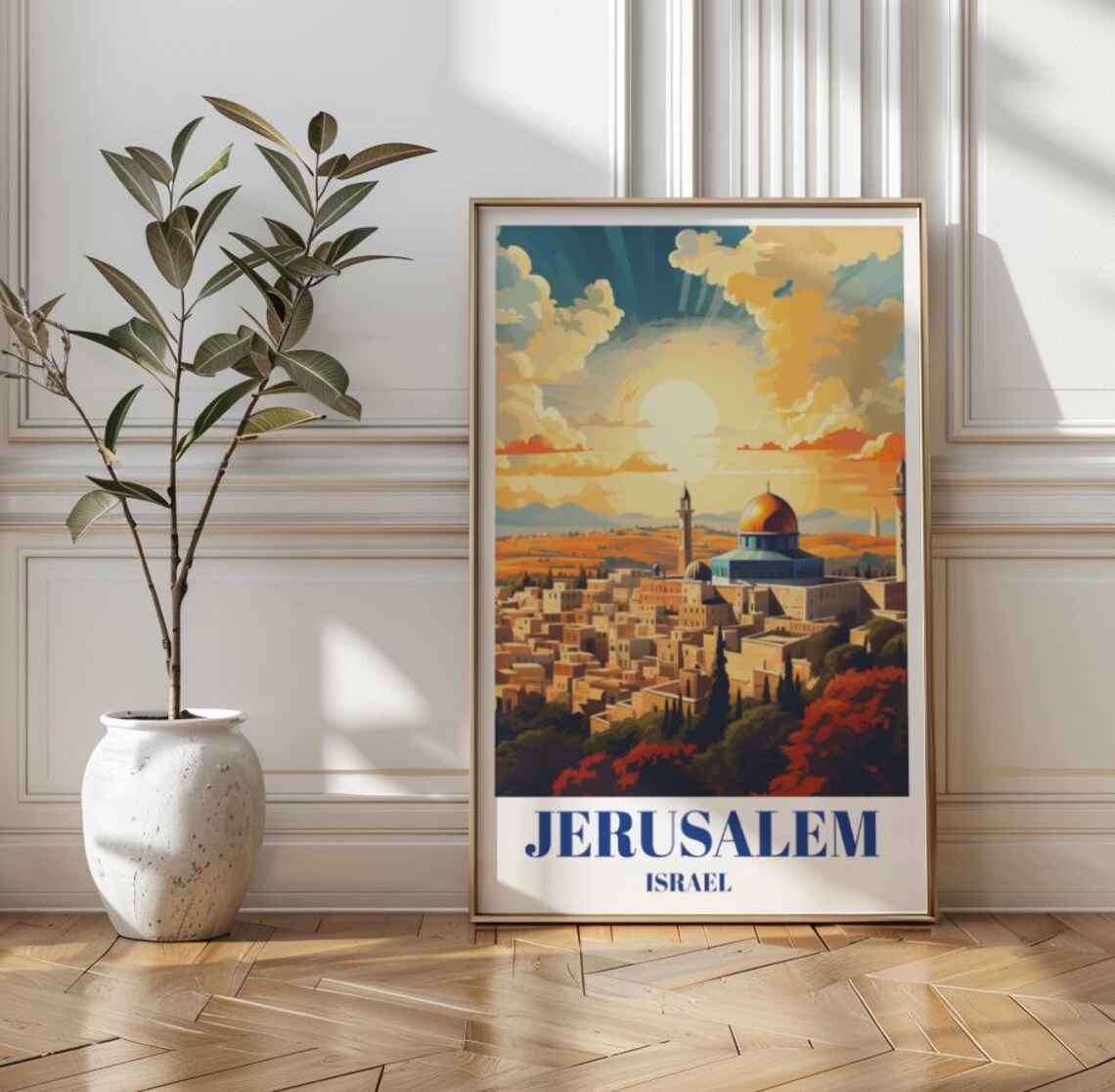 Jerusalem Israel Vintage Sunset Travel Poster with Dome of the Rock