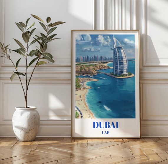 Dubai UAE Travel Poster Burj Al Arab Beach Cityscape Palm Island
