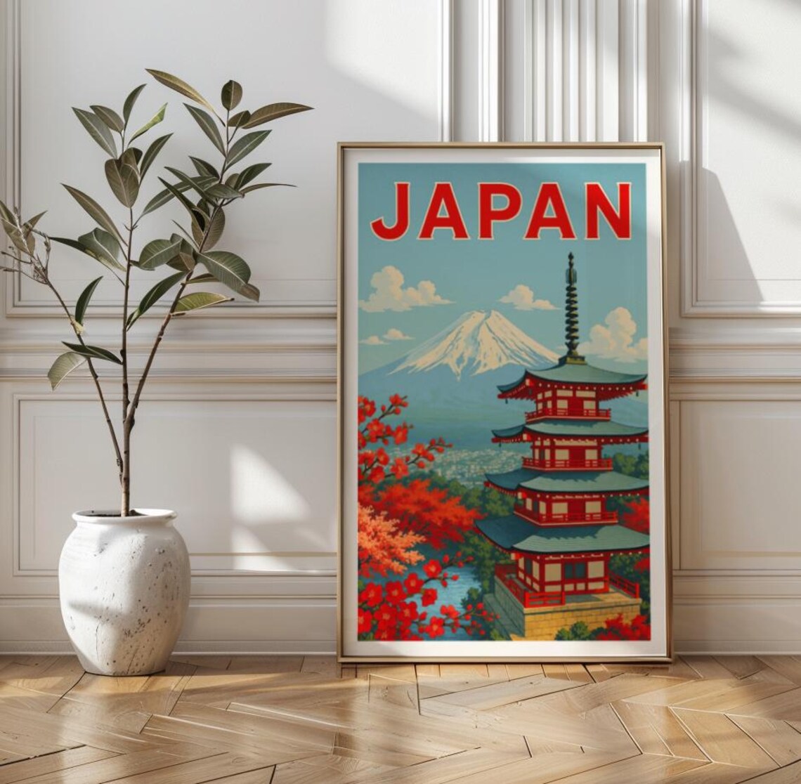 Japan Mount Fuji Chureito Pagoda Cherry Blossom Vintage Poster