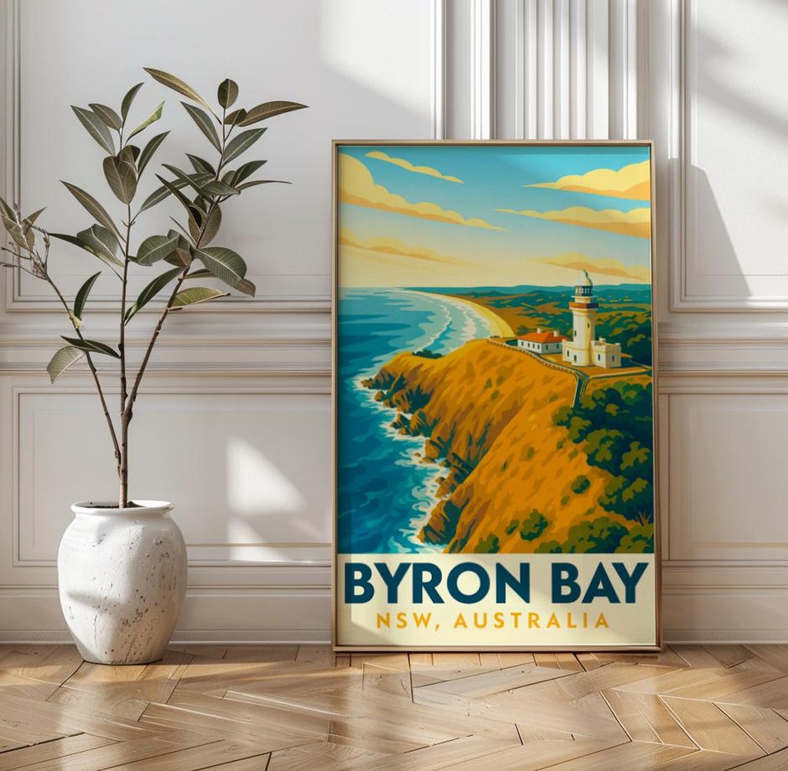 Byron Bay NSW Australia Sunset Lighthouse Golden Cliffs Travel Poster