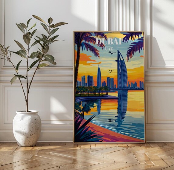 Dubai UAE Sunset Skyline Burj Al Arab Palm Beach Travel Poster
