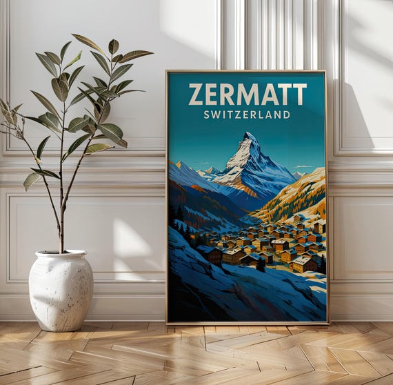 Zermatt Switzerland Travel Poster Vintage Matterhorn Illustration
