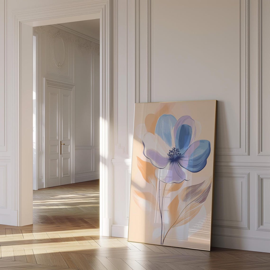 Large Blue Flower Botanical Illustration on Peach Background Poster - Image 2
