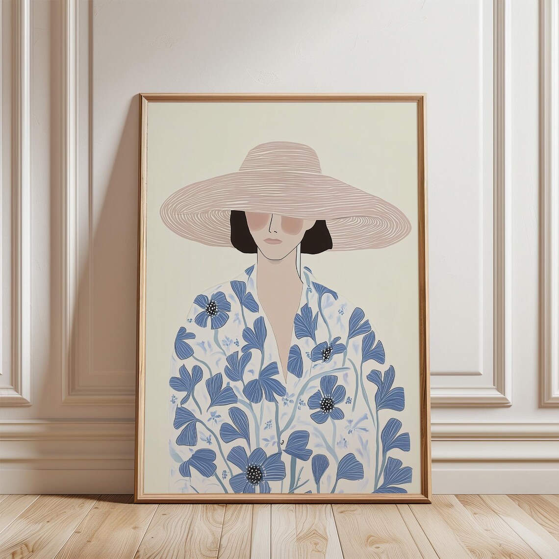 Woman With Wide Brim Hat Blue Floral Fashion Illustration Poster - Image 4