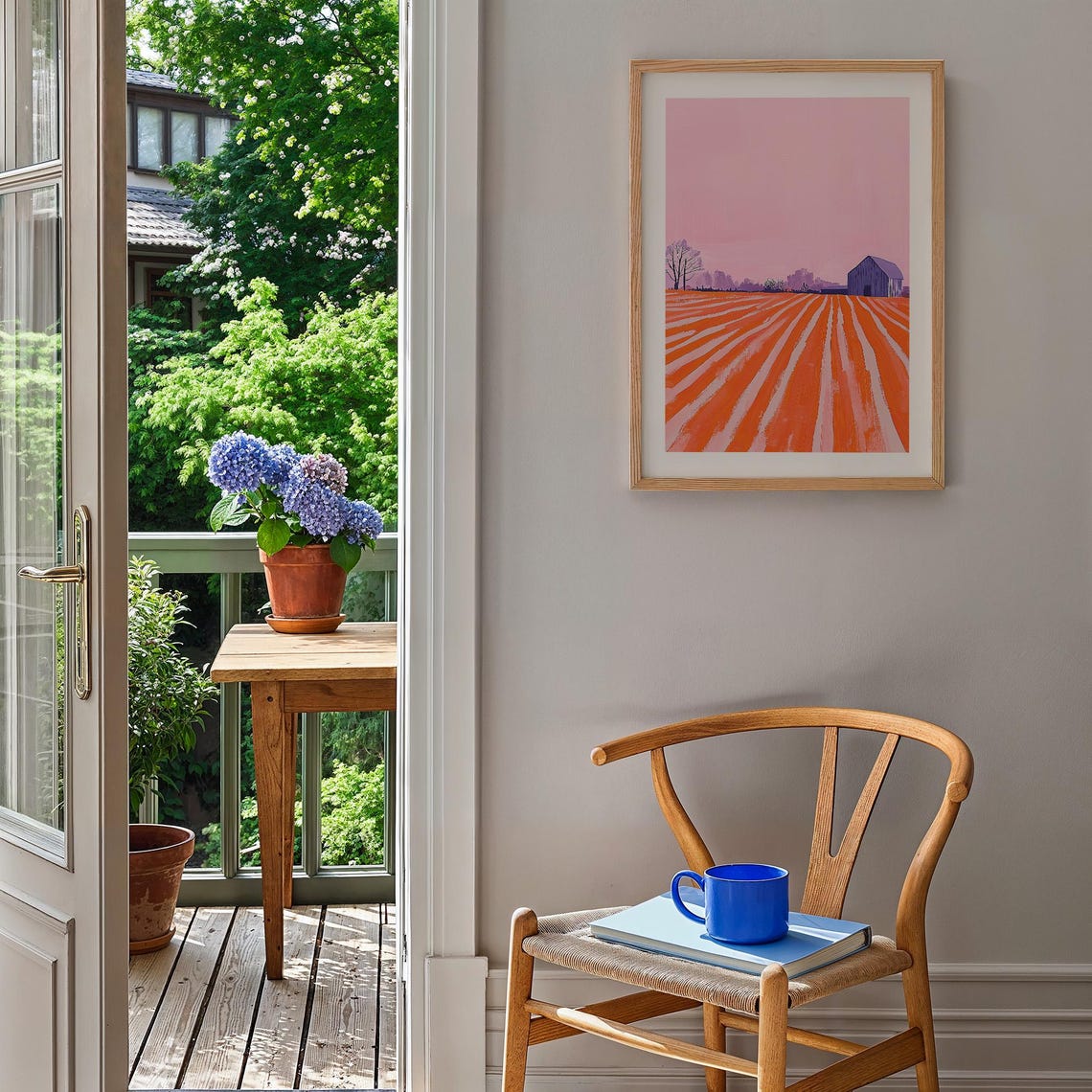 Pink Sky Farm Landscape with Purple Barn and Orange Field Poster - Image 4