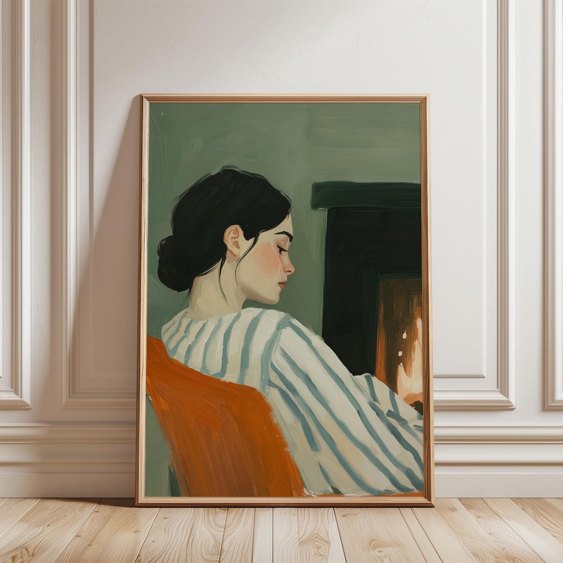 Woman in Striped Sweater Sitting by Fireplace Cozy Evening Poster