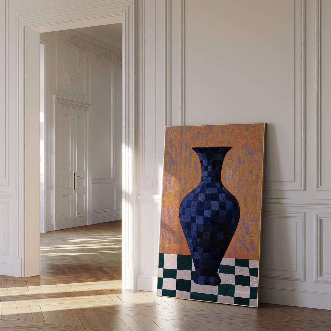 Blue Checkered Vase Still Life Orange Ground Art Wall Poster - Image 2