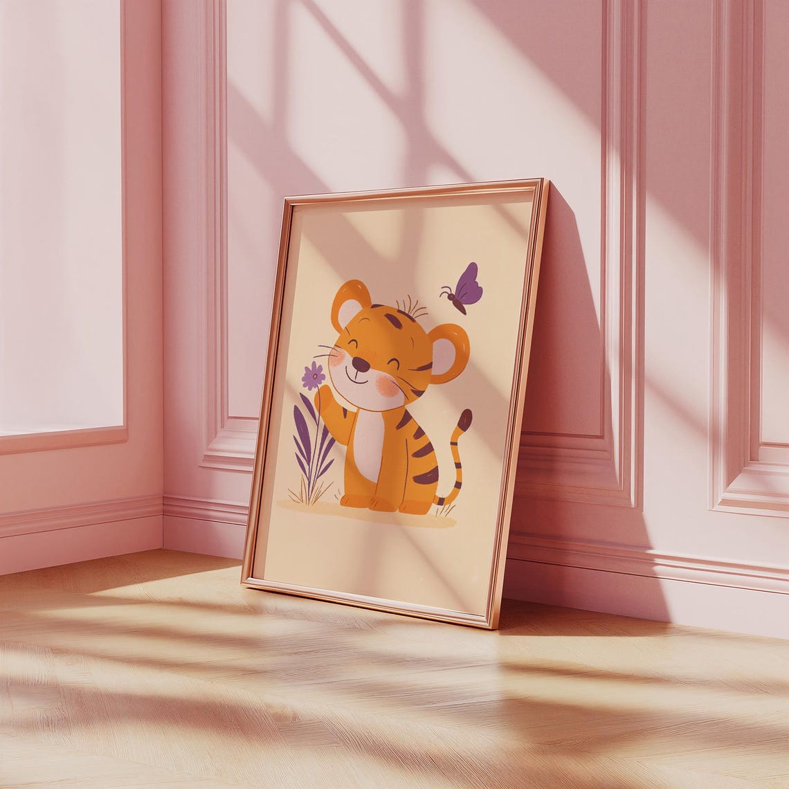 Smiling Tiger Cub With Butterfly Cute Nursery Animal Wall Poster - Image 2