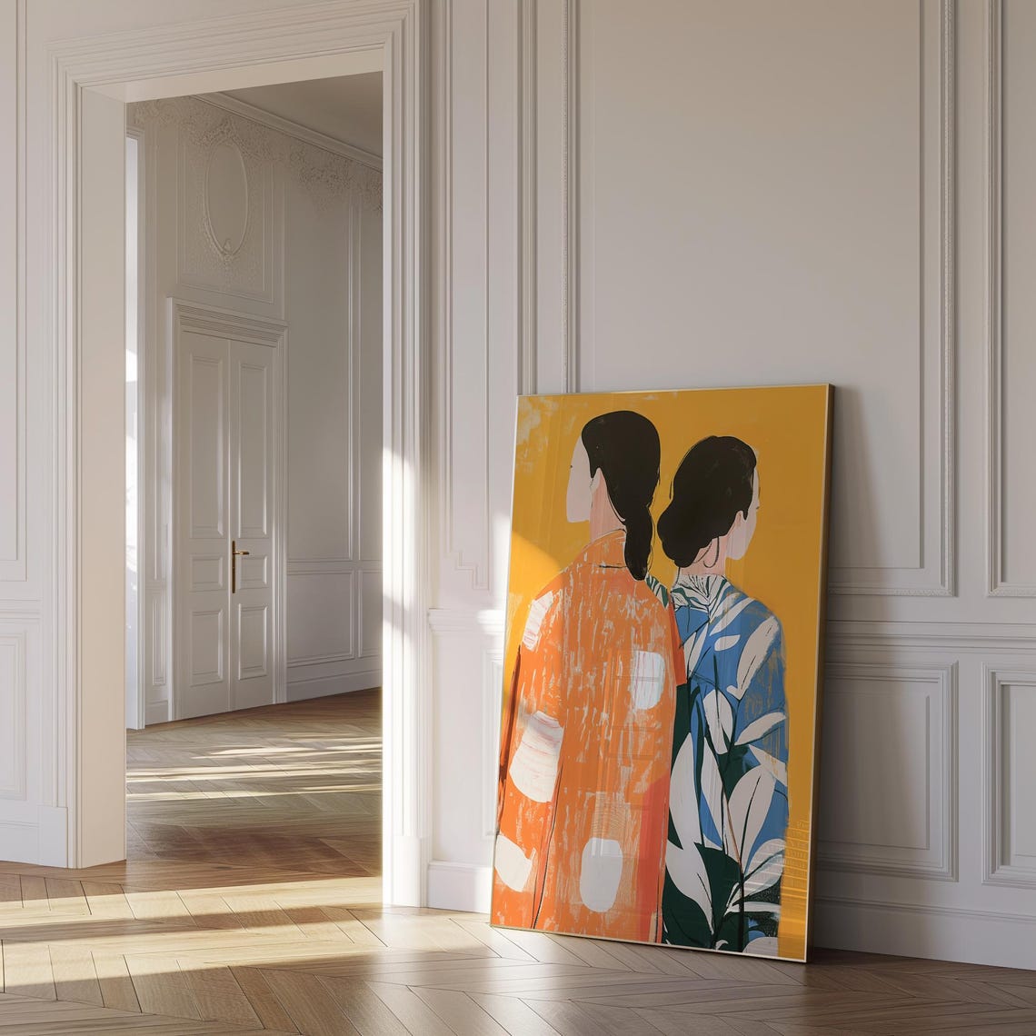 Two Women Seen from Behind on Mustard Yellow Abstract Art Poster - Image 4