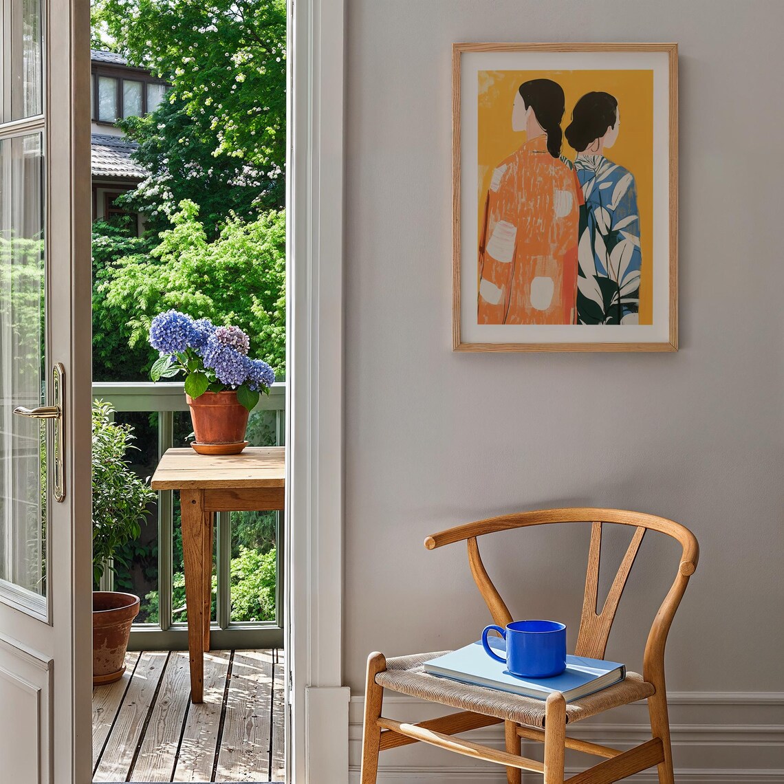 Two Women Seen from Behind on Mustard Yellow Abstract Art Poster - Image 5