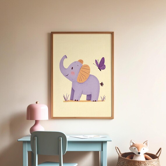 Cute Purple Baby Elephant With Butterfly Nursery Animal Poster